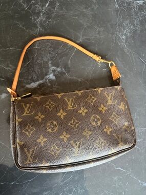 Louis Vuitton Monogram Canvas Mini Pochette with Tan Strap